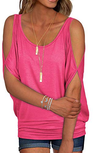 Camisetas Fucsia Manga Corta Mujer Basicas Oversize Sexy Camiseta de Verano Hombros Descubiertos Cuello Redondo Holgada Casual Tops