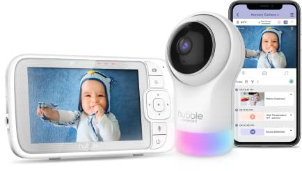 HUBBLE CONNECTED Nursery Pal Glow+ Smart-Babyphone mit 12,7 cm (5 Zoll) Elterneinheit und WLAN-Ansicht per kostenloser App – 7-farbiges Nachtlicht, Schlaftrainer, ferngesteuerter Schwenkneigzoom,