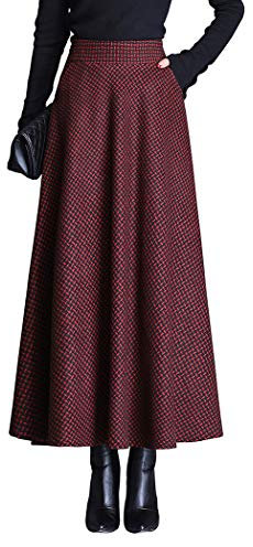 Damen Lang Rock Elegant Maxi Winterrock Plaid Warm Wollrock Hohe Taille Karierter röcke Herbst Elastische Taille Vintage A Linie Casual Midi Faltenrock B Red Wine M