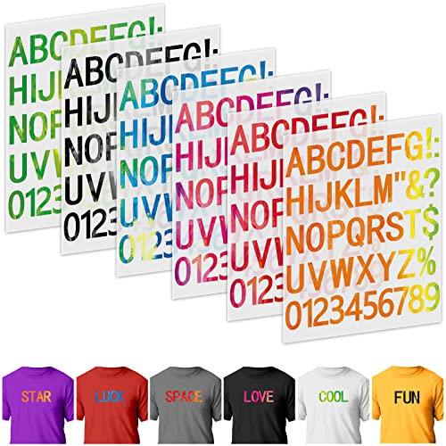 24 hojas de 1056 letras termoadhesivas para ropa, parches de vinilo de transferencia de calor de 5 cm y 6 colores de poliuretano para impresión de camisetas, manualidades, decoraciones (negro, azul,