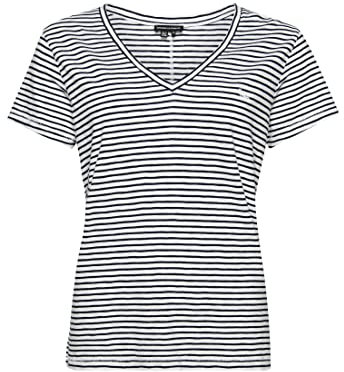Superdry Damen Strukturiertes T-Shirt mit V-Ausschnitt und Stickerei Marineblau Optik Gestreift 36