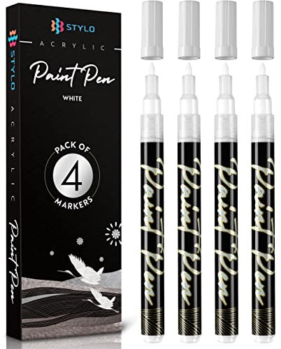 Stylo 4 Stück Metallic Marker Stifte Set – Weiß, permanente Acrylmarker, Stift für Glas, Keramik, Steinmalerei, Kunsthandwerk für Erwachsene