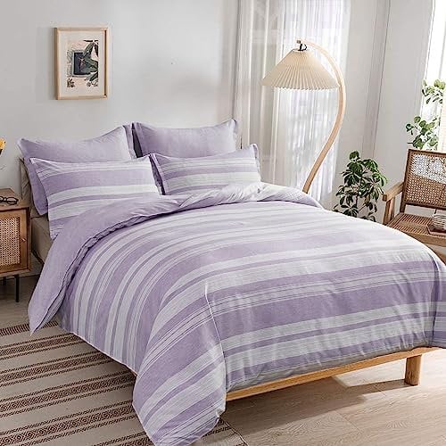 Stripe Duvet Cover Double Size Lilac Reversible Quilt Cover Soft Microfiber Bedding Set with 2 Pillow Cases (Lilac, 200x200cm)