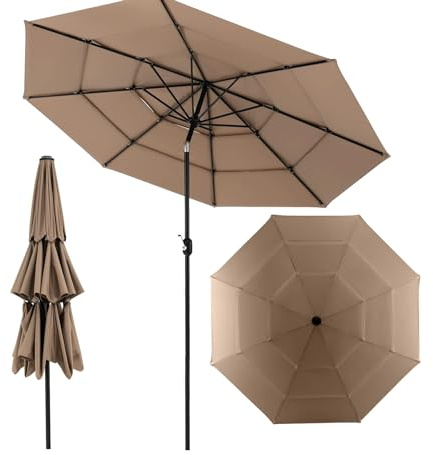 GOPLUS Sonnenschirm 300cm, Strandschirm beideseitig um 45° knickbar, UV-Schtutz, Gartenschirm mit Kurbel, 3 Schichten zur Belüftung, Marktschirm Terrassenschirm 8 Rippen, Schirm Balkon, Braun2