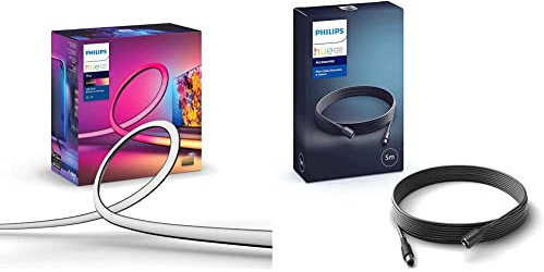 Philips Lightstrip Hue Play Gradient pour TV 65 pouces, synchronisation de la lumière avec l'écran, fonctionne avec Alexa, Google Assistant et Apple Homekit & Hue Play Câble d'extension 5m