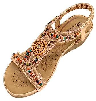 IVACHY Womens beaded crystals elastic strap stretch flats rhinestone decor slingback bohemian style sandals