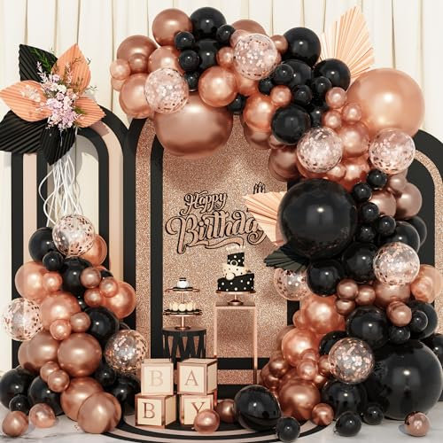 Rose Gold Schwarz Luftballons Girlande, 134Pcs 5 12 18 Zoll Roségold Metallisch Konfetti Ballons Bogen Kit für Geburtstag Hochzeit Baby Shower Jahrestag Party Dekoration Zubehör
