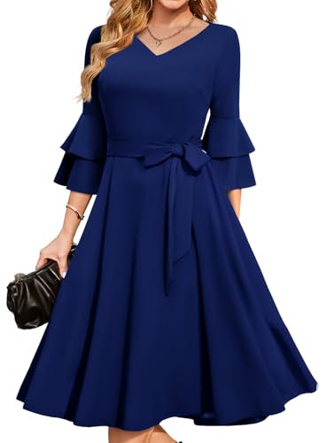 DRESSTELLS Damen Audrey Hepburn Kleid mit niedlichen Ärmeln Elegant Party Cocktail Formal Hochzeitsgast LangarmAbendkleid 50er Jahre Kleider Navy M