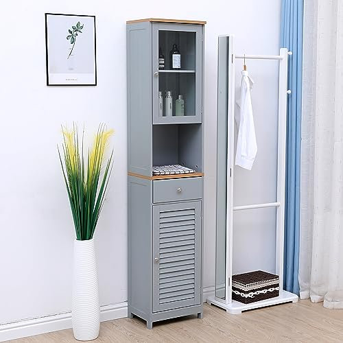 Kingwudo® MDF Bathroom Tall Cabinet Tallboy Unit Storage Cabinet Tall Cupboard for Small Space Floor Standing Unit Free Standing Grey Bathroom, Kitchen
