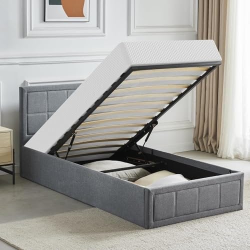 Blisswood Ottoman Bed, Upholstered Bed Frame, Ottoman Bed With Storage Gas Lift End Opening Wooden Slats Single Double Bed Frame With Storage (Linnen Grey, Small)