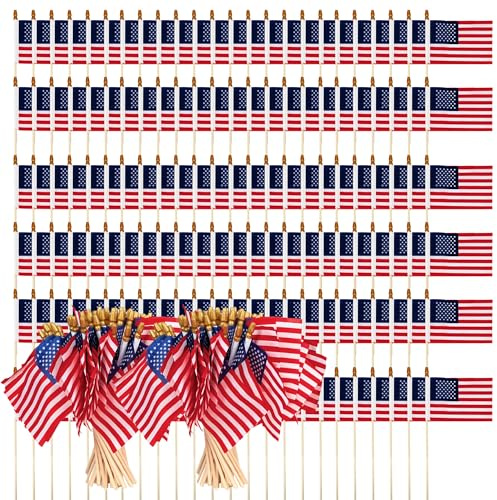 Crystal Lemon Lot de 120 petits drapeaux américains à main avec pointe de lance dorée 10,2 x 15,2 cm