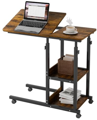 Lvhecforhm Beistelltisch mit Rollen, C-Form Beistelltisch Mit Ladestation und USB, Mobiler Kaffeetisch,Neigbar Kaffeetisch Laptoptisch Höhenverstellbar,Vintagebraun 80x40cm Sofatisch mit Metallgestell