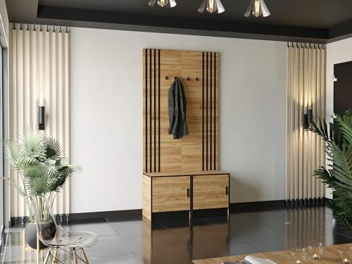KIER FURNITURE Kleiderschrank Mit Sitz Und Paneelen – Gardarobenstaender – Sitzbank Garderobe – Flurgarderobe Schmal – Garderobenständer Mit Sitzbank – Farbe Eiche Craft Golden – 106,4 x 205 x 39 cm