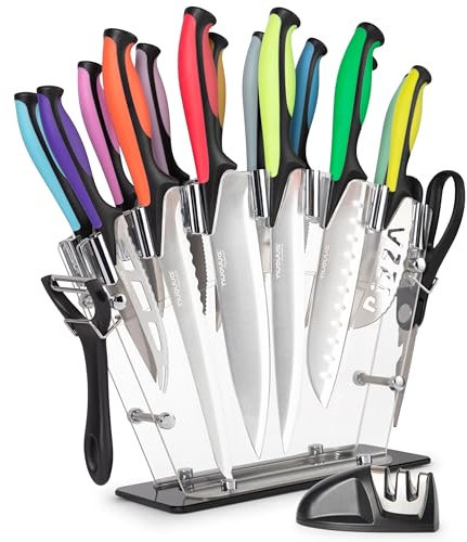 nuovva Professional Kitchen Knife Set with Block - Colourful 17 Piece Knives Set with Steak Knives - Clear Acrylic Block High Carbon Stainless Steel Blades - with Knife Sharpener Peeler and Scissors