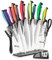 nuovva Professional Kitchen Knife Set with Block - Colourful 17 Piece Knives Set with Steak Knives - Clear Acrylic Block High Carbon Stainless Steel Blades - with Knife Sharpener Peeler and Scissors