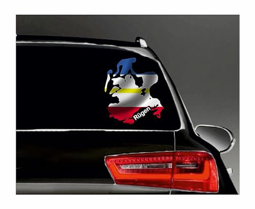 WildeBabsKLBT Rügen Mecklenburg Vorpommern Insel Hallig Schrift weiß Fahne Flagge Wappen Staat Land Karte Form 11 cm Hochwertiger Premium Autoaufkleber Sticker Q159