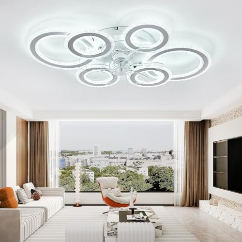 TuoyuanW Cristales Ventilador De Techo Con Luz Redondo Reversible Salón Lampara Ventilador Techo Con Mando A Distancia Y APP 6 Velocidades Timer Ceiling Fan with Light Regulable Memoria-White
