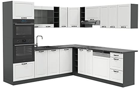 Vicco Eckküche R-Line, Küchenzeile in L-Form, Weiß Landhaus/Anthrazit, 237 x 247 cm, AP Eiche