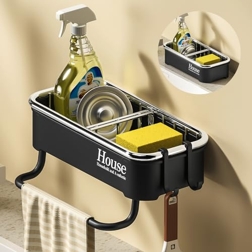 MENGCOOL Étagère d'évier de cuisine, porte-éponge de cuisine, organisateur d'évier en acier inoxydable, montage mural, à suspendre pour accessoires de cuisine (noir)