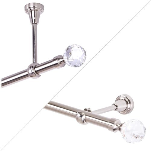 Tringle à rideau 320 cm 1 voie, Aspect Acier Inoxydable, 19 mm, avec boule de cristal, pour montage mural ou fixation au plafond