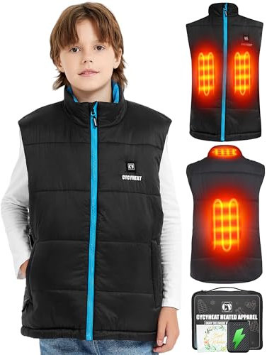 Gilet riscaldabile per bambini con power bank, 10000 mAh, 7,4 V, per ragazzi e ragazze, gilet riscaldabile, per sci con 3 zone di riscaldamento e 3 livelli di temperatura, Blu, 130