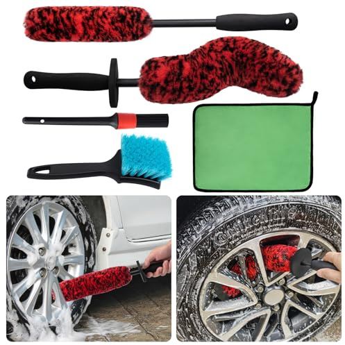 KLeXiC 5 Pack Car Wheel and Tire Cleaner Brushes Kit Auto Motorcycle Rim Ultra Soft Microfiber No Spatter Bendable Woolies Bristle Cleaning Set (Red & Black)