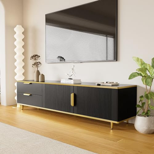 ZUUYEE TV-Schrank, Lowboard mit geschnitzter Textur, TV Board mit Goldene Verzierungen, Wohnzimmer Möbel, Schwarz