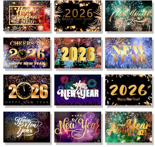 Konsait Biglietti di Capodanno 2025, confezione da 24 biglietti colorati in lamina con fuochi d'artificio Felice Anno Nuovo con buste e adesivi, 12 biglietti di auguri per Capodanno