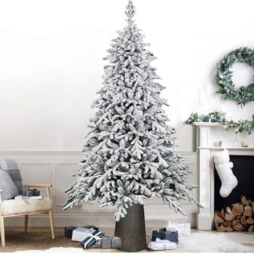 BAKAJI Albero di Natale Innevato Macao Bianco Foltissimo con Base in Resina Effetto Legno, Apertura Facile ad Ombrello, Decorazione Addobbo Natalizio in PVC Altissima Qualità Folto Realistico (210 cm)