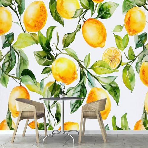 Fototapete Aquarell Zitrone Mit Blättern Tapete Fototapete， Anlage Tapete Wandbilder Wohnzimmer Schlafzimmer Kinderzimmer Dekoration Moderne Wanddeko 400×280cm