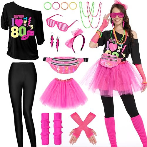 Aragallant 80er Jahre Outfit Damen, Mottoparty 80er Jahre Kostüm, Karneval Kostüm mit T-Shirt, Tutu, Stirnband, Gürteltasche, Ohrring, 80er Neon Party Kostüm für Mädchen (Black, XL)