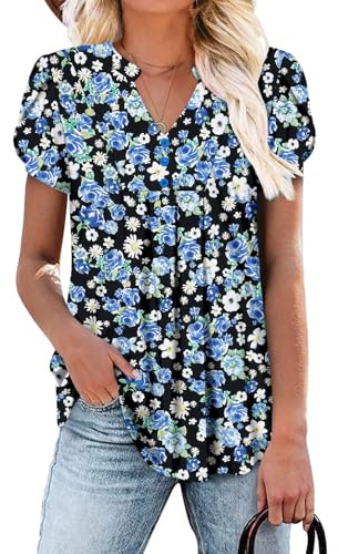 KISSMODA Womens V Neck Henley Shirts Casual Petal Short Sleeve Blouses Ladies Flowy Trendy Tunic Tops