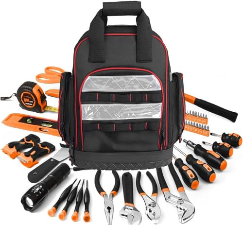 Truevaste Werkzeugrucksack Groß, Werkzeug Rucksack Herren mit Reflektorstreifen, Namensschildtasche, Mehrfach Innenfächer, Wasserdichter Boden, Tool Bag 600D Oxford, Werkzeugtasche für Elektriker, Bau