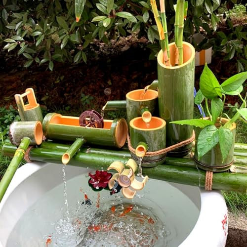 Dalumian Japanese Garden Bamboo Fountain Kit, Zen Garden Fountain Bamboo Water Feature,Smooth Split-Resistant Bamboo Container,Handmade, for Pond Fish Tank Courtyard(55cm)