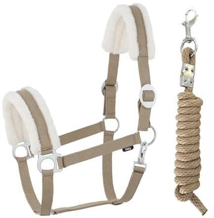 JA Horse Kunstfell Halfter Führstrick Set mit Karabinerhaken verstellbar Pferdehalfter Pferd Holzpferd Anbindestrick (Kunstfell Karabinerhaken Khaki, Cob)