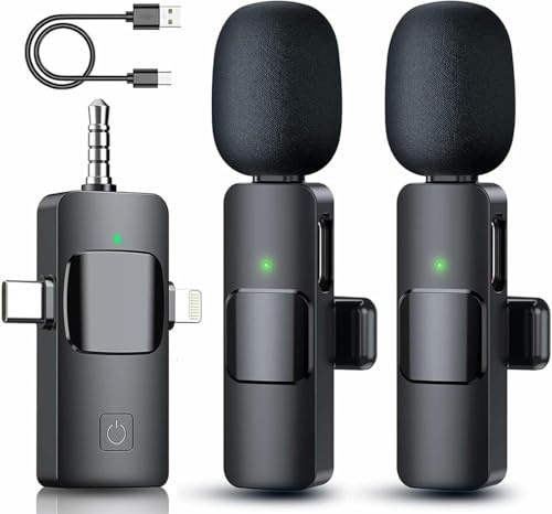 OUZIO 3 in 1 Wireless Lavalier Microphone for iPhone, Android, Camera, 12Hour Battery, Noise Reduction Recording Mic 2.4G Ultra-Low Delay, Mini Microphone for Vlog/TikTok/YouTube Live Stream(2 Mic)