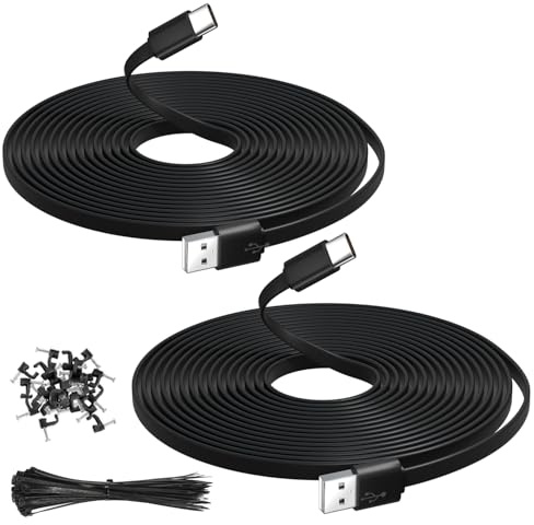 OXZEEWEE 2 Stück 3 Meter/10 Fuß extra lange flache USB A zu USBC Kabel mit Befestigungsnägeln und Bindemitteln Datenübertragung Ladekabel Stromverlängerung für Heimsicherheitskameras, Telefone