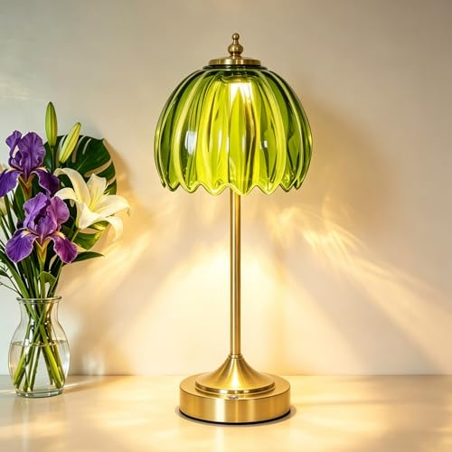 LED Vintage-Nachttischlampe Dimmbar, 3CCT, Kabellos Tischleuchte mit Retro-tulpenförmigen Glasschirm Akku Atmosphäre USB Aufladbar, Touch-Steuerung, kleine Nachtlicht für Schlafzimmer Wohnzimme