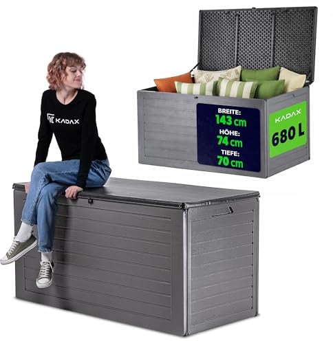 KADAX Aufbewahrungsbox 680L, Gartenbox aus Polypropylen, Kissenbox für Garten, Terrasse & Balkon, Auflagenbox mit abschließbarem Deckel & Holzoptik (Dunkelgrau)