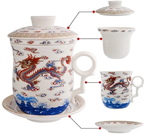 HOLLIHI Ensemble Tasse à Thé avec Couvercle Sous-tasse Passoire Porcelaine Chinoise Jingdezhen Café Feuilles de Thé Thé en Vrac Maison Bureau