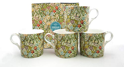 FINE Bone China Set of 4 Mugs Gift Boxed William Morris Golden Lillies Mugs Free UK DELIVERY