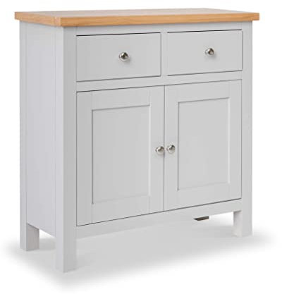 RoselandFurniture Farrow Mini Grey Sideboard for Living Room Painted Small Storage Cabinet | Fully Assembled Solid Wood 2 Door Cupboard with 2 Drawers & Oak Top for Kitchen Dining Room or Hallway