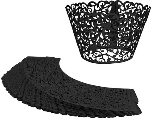 20pcs Filigree Vine Cupcake Wrapper Laser Cut Wraps Cases Wedding Birthday Party - Black