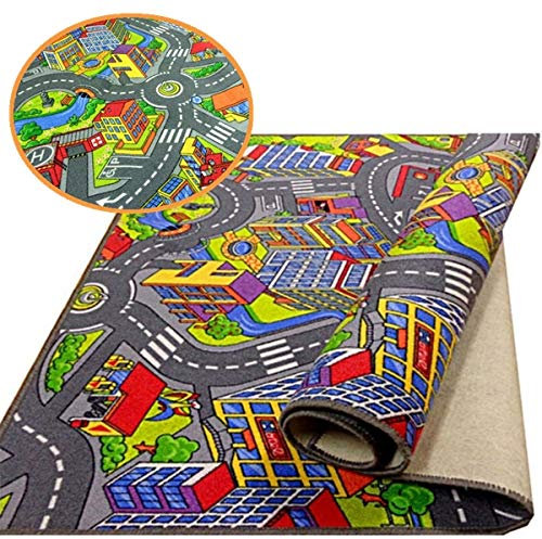 Kinderteppich Spielteppich Straßenteppich Stadt Kinderzimmer Häuser Auto Teppich für Jungen und Mädchen (120 x 160 cm)