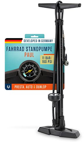 Alphatrail Standpumpe Paul - Für alle Ventile 11 Bar / 160 PSI Maximaldruck I Großes Manometer (Ø48mm) I Inkl. Adapter für Ball & Luftmatratze I Luftpumpe für französisches Ventil, Auto-Ventil & DV