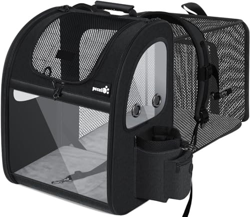 pecute Haustier Rucksüke für Hund und Katzen mit Front Opening Transparente Fenstertaschen,Tragbare und Erweiterbare Outdoor Faltbarer Raum Tragetasche,Schwarz(maximale Last 6kg)