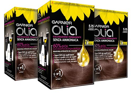 Garnier Tinta Capelli senza Ammoniaca Olia, con Oli di Fiori di Origine Naturale, Castano Fondento, Confezione da 3