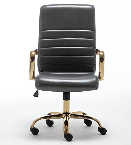 BTEXPERT Grauer Kunstleder-Stuhl, verstellbar, für Zuhause, Büro, goldene Armlehnen, hohe Rückenlehne, Manager, Schreibtischstuhl, neigbar, Lendenwirbelstütze, Grau
