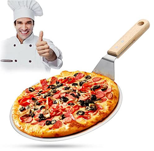 Pala de pizza de acero inoxidable con mango de madera para hornear pizzas caseras, pan, pasteles de 30 cm