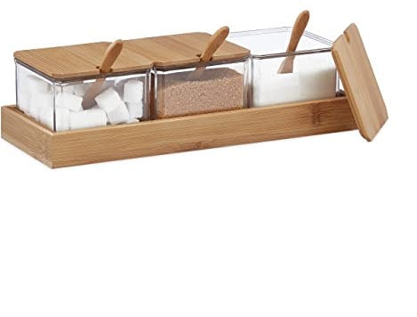 Relaxdays Contenitori per Spezie, Set da 3, Barattoli in Plastica, Coperchio, Cucchiaini e Vassoio in bambù, Trasparente